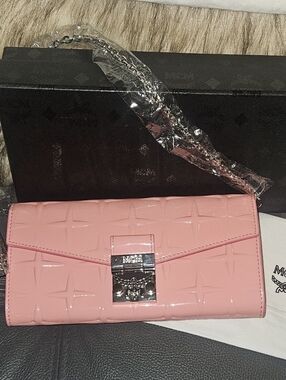 MCM Pink Patent Leather Wallet On A Chain